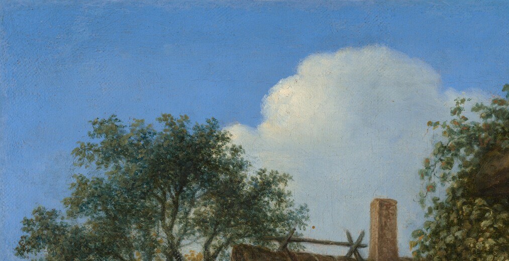 The patch of blue and illuminated cloud is the painting's main light source; its warmth cascades down onto the vine and courtyard floor, unifying the composition.