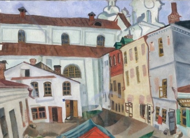 The spiritual anchor of the composition, its pale arched frontage looms improbably large behind the market, asserting sacred permanence over commercial bustle.