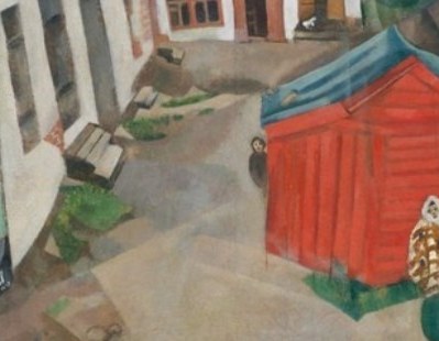 Chagall paints his hometown marketplace from memory.