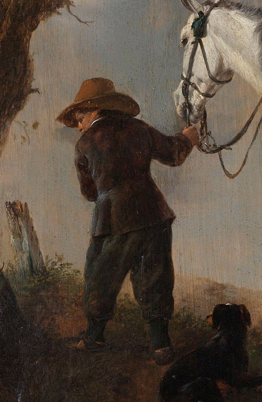 In this 1646 painting, a man rests beside his grey horse.