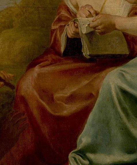 The same skill shapes the woman's red dress.