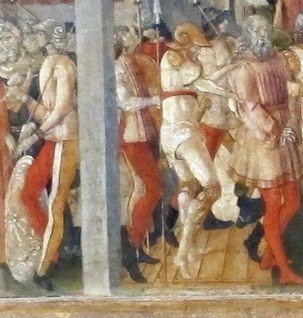 The raised sword implies a moment of action, judgment, or command, drawing the viewer's eye.