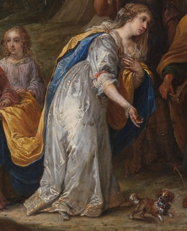 She pleads for his mercy in a white robe.
