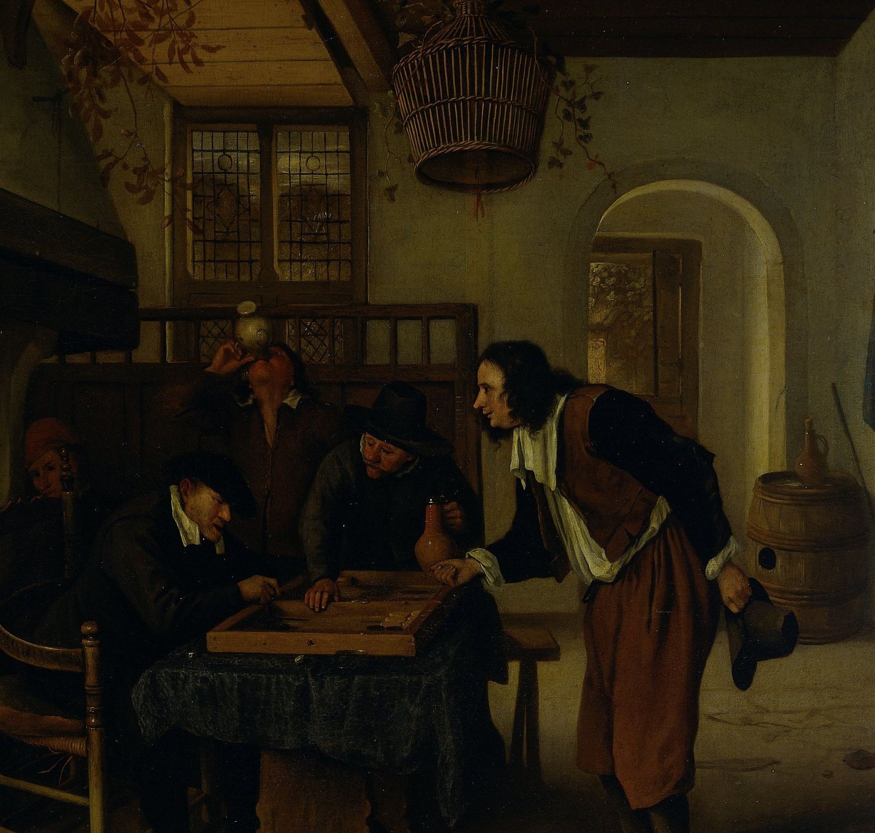 In a 17th-century Dutch inn, two men are absorbed in backgammon.