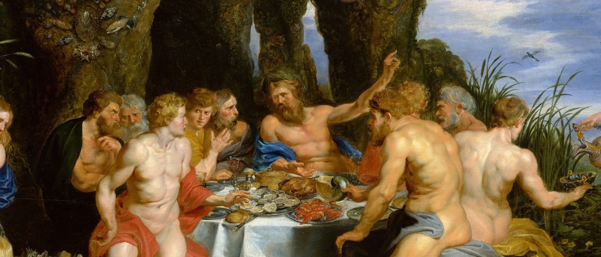 The piled fish and fruit are his gift of abundance.