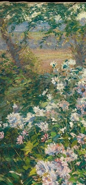 Anchor of the composition , its rough dark bark contrasts sharply with the delicate pale blossoms massed in front of it, creating a structural tension between permanence and transience.