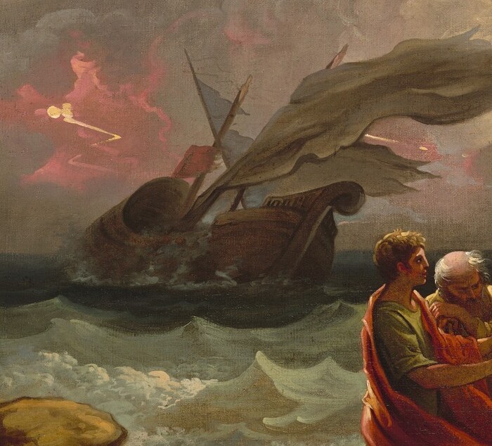 He has just been shipwrecked. His boat lies broken nearby.