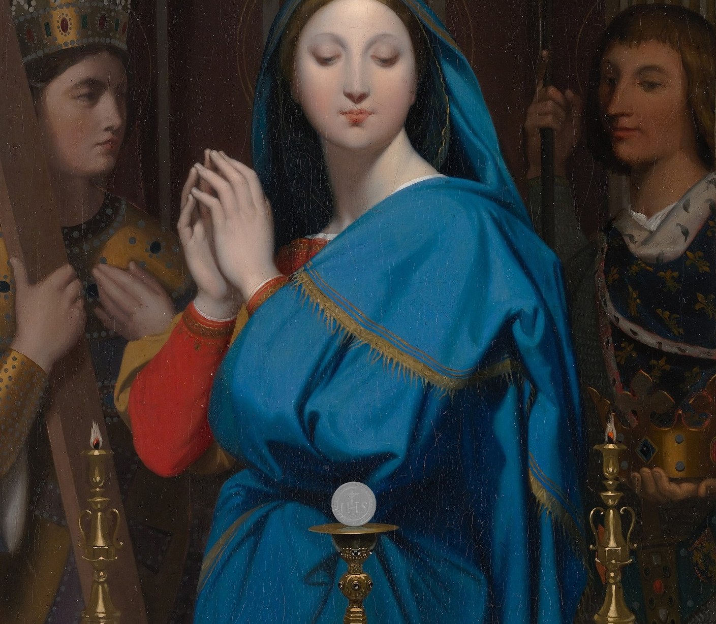The vast expanse of pure ultramarine dominates the palette , Ingres uses it as a near-abstract field of color, a Marian symbol rendered with almost enamel-like smoothness.