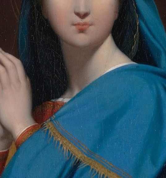 Hands are positioned just above the chalice and host, directing the eye downward in a cascade of devotion; the delicate finger overlap is a signature Ingres passage of tender draftsmanship.