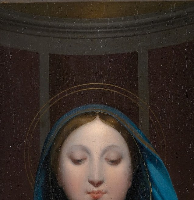 The central emotional anchor , eyes half-closed in pure devotional trance, Ingres's neoclassical idealization at its most rarefied; the viewer immediately feels the sacred hush.