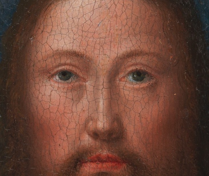 The serene yet piercing gaze conveys divine authority and compassion.