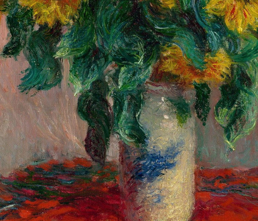 The vase is rendered simply but shows subtle warm and cool reflections; its cylindrical form provides the only strong vertical axis in an otherwise turbulent composition.