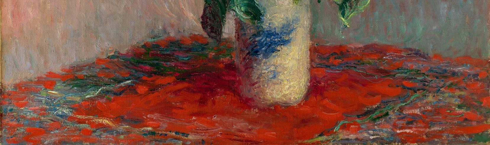 The boldly patterned red cloth , likely a Middle Eastern or Japanese-inspired textile , grounds the still life and adds a warm complementary foil to all the yellows above.