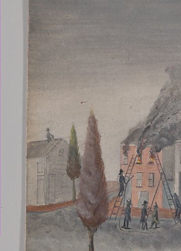The narrative anchor , flames lick the facade and roof simultaneously, showing the fire has taken full hold; its warm orange contrasts with the cool grey of the slate-paper ground.