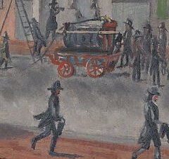 That helmeted man is the clearest figure. A volunteer, not a paid firefighter.