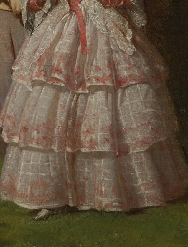 His brushstrokes give texture to her dress.