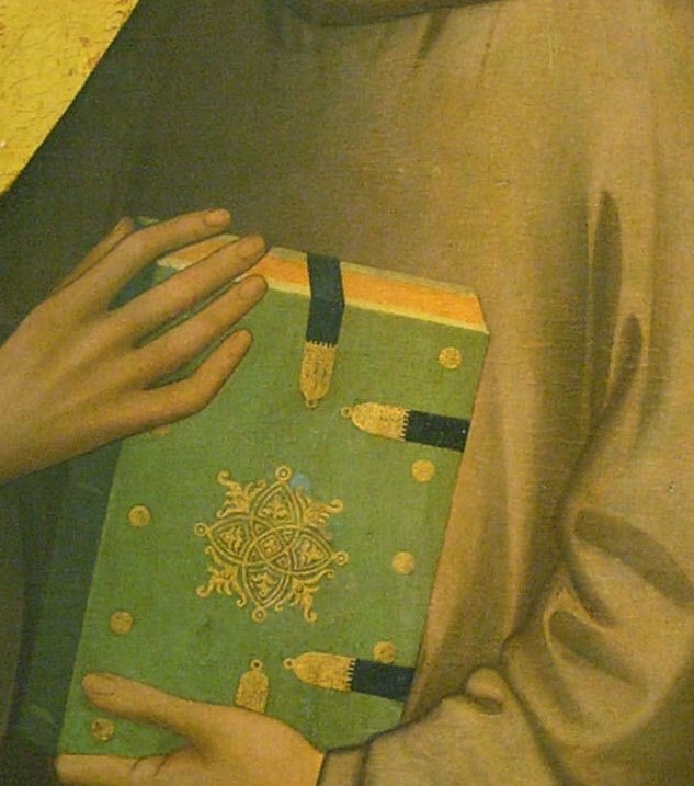 The vivid green cover embossed with a gold cross and decorative gold bosses/clasps is the compositional anchor; the book (Gospel or Rule of Anthony) is his chief attribute and signals his role as Doctor of the Church.