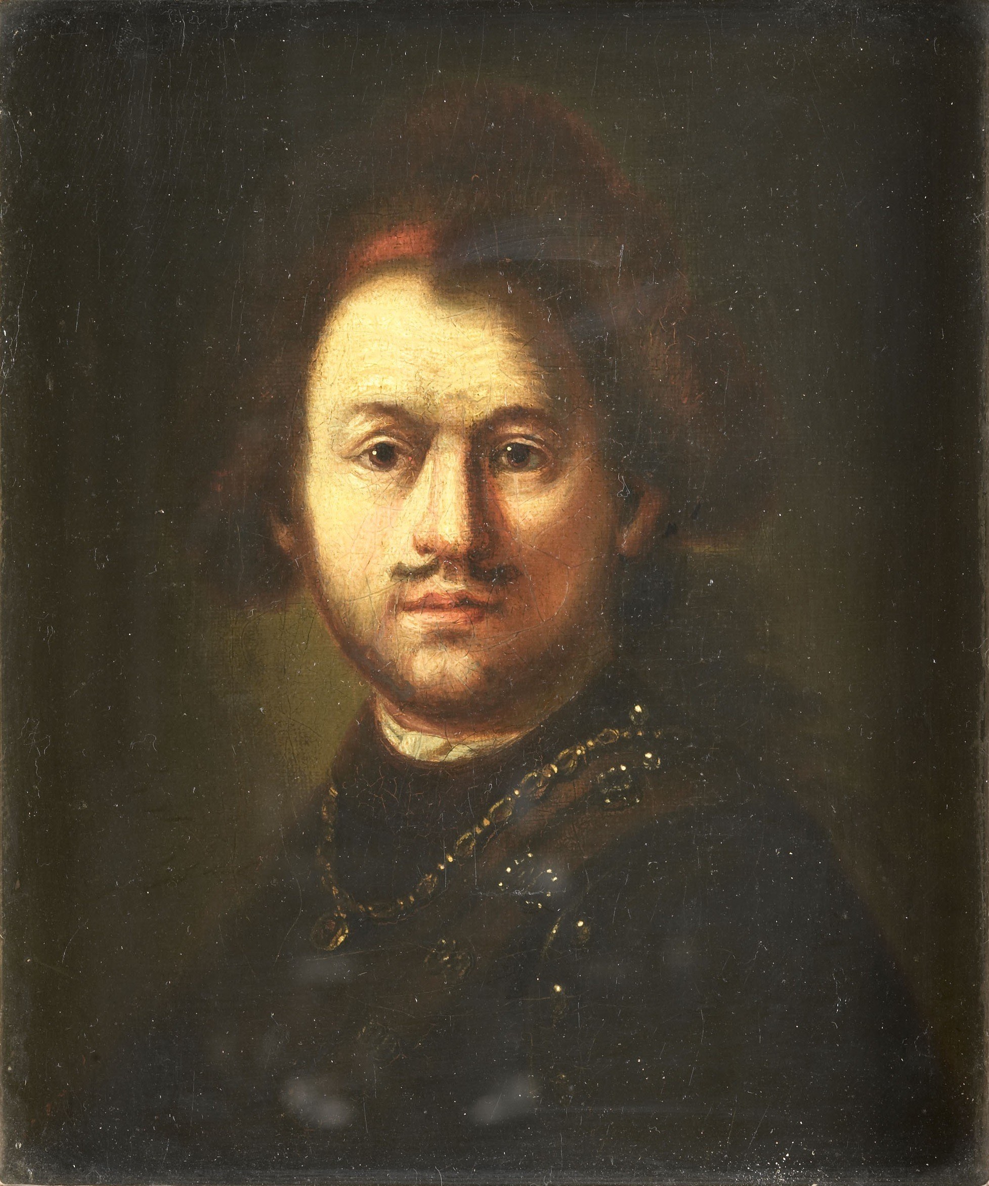 The deep, muted background emphasizes the figure through dramatic lighting and creates a sense of depth and isolation.