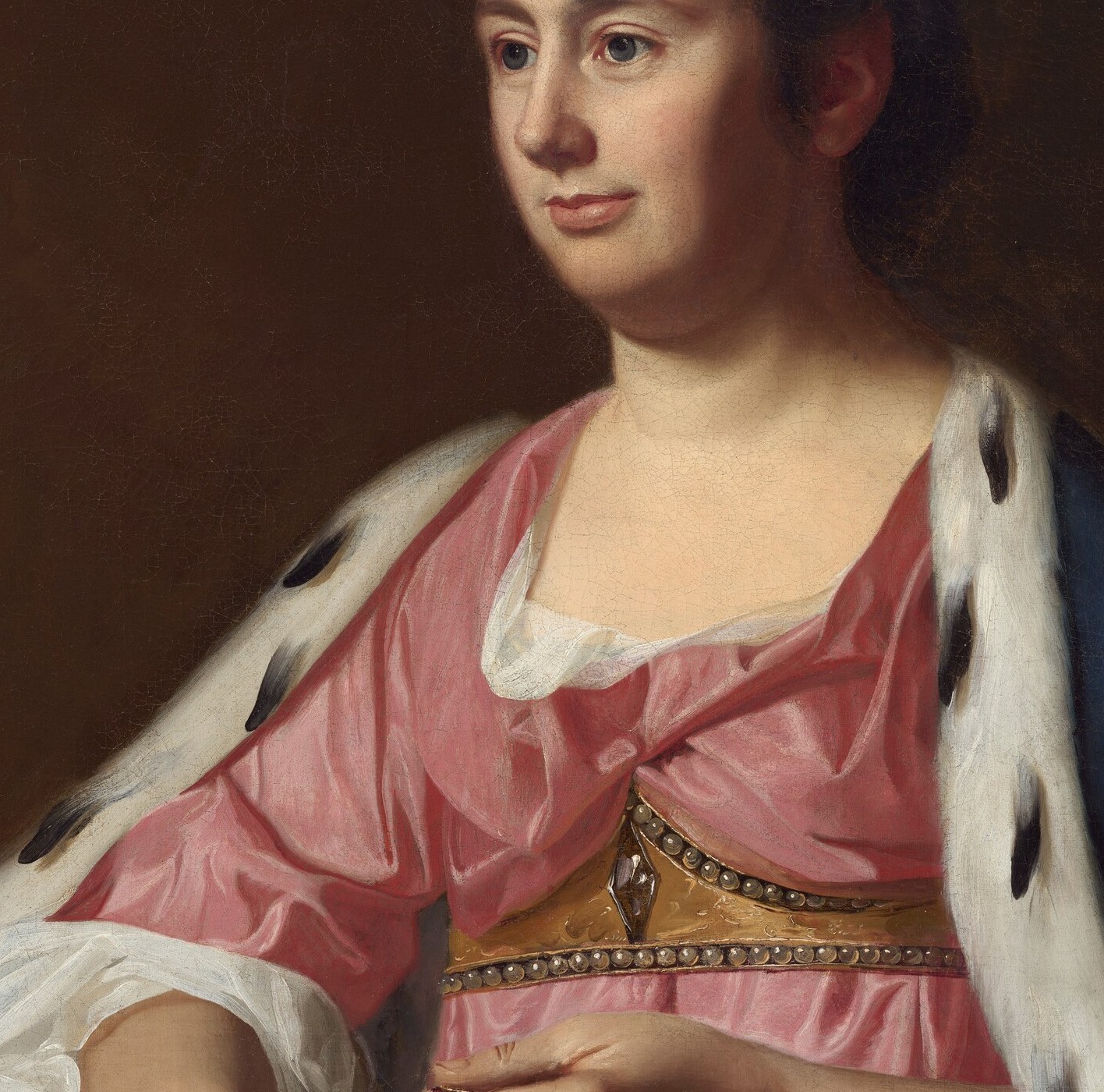 Copley's celebrated virtuosity with silk , its highlights, creases, and luminous sheen , is concentrated here; the fabric reads as almost tactile.
