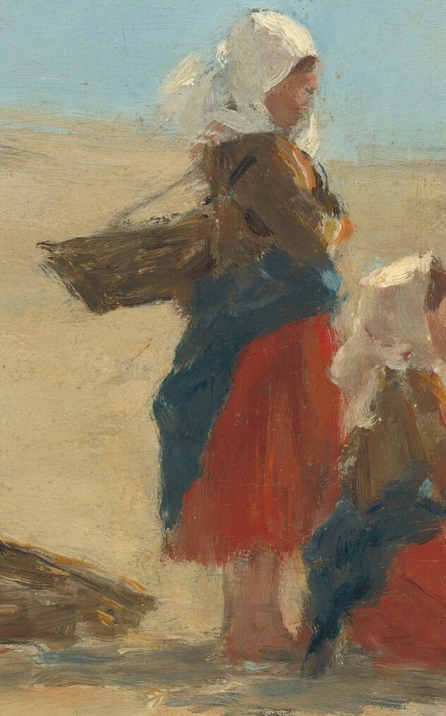 Her posture suggests a moment of rest or observation, her gaze directed towards the sea.