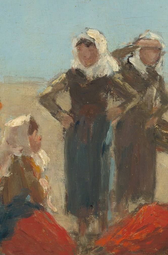 These women stand quietly on the sand, observing the vastness.