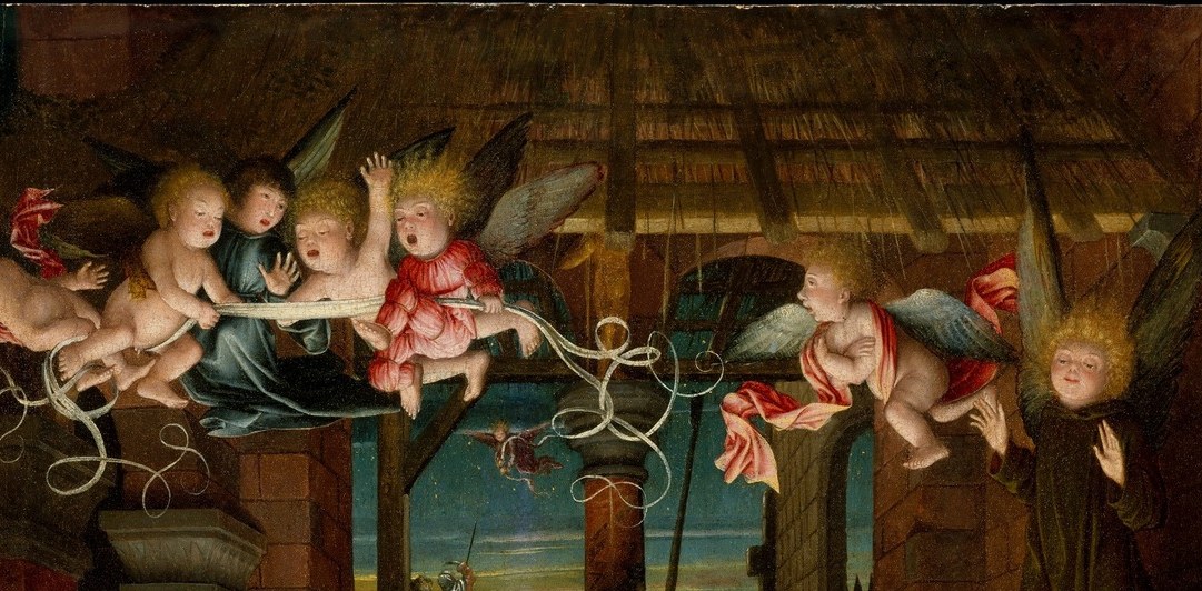 Multiple angelic faces peer downward in unison, forming a celestial canopy that separates the heavenly realm above from the earthly scene below and establishes the painting's vertical theology