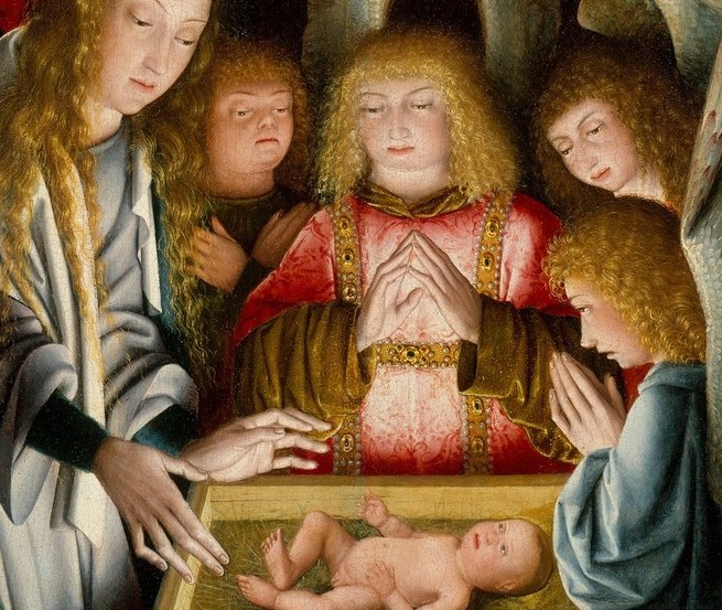 The luminous infant is both the composition's focal point and its light source , the warm glow radiating outward to illuminate surrounding faces is the painting's central technical and theological claim