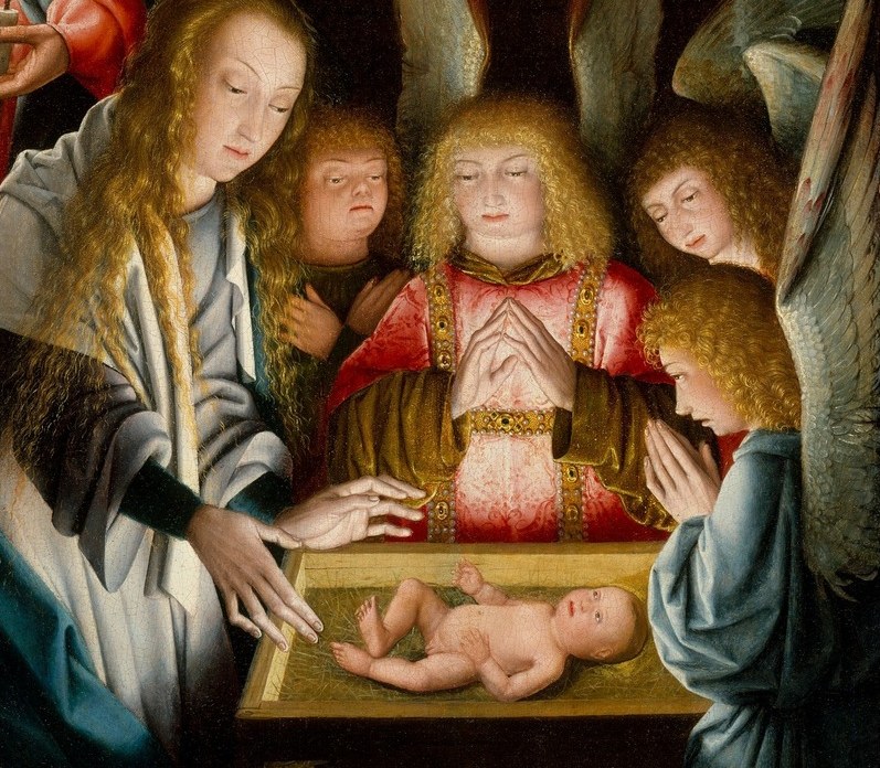 The luce propria technique , the infant as nocturnal light source , was a Flemish innovation of this period; close-up reveals warm gradients painted across skin tones precisely calibrated to the infant's position