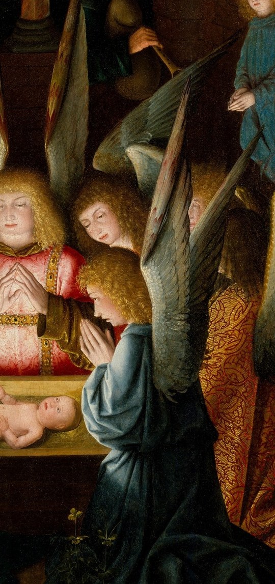 The saturated vermillion is the most optically commanding color in the painting , this figure's identity (shepherd, donor, Magus?) is the painting's central interpretive mystery