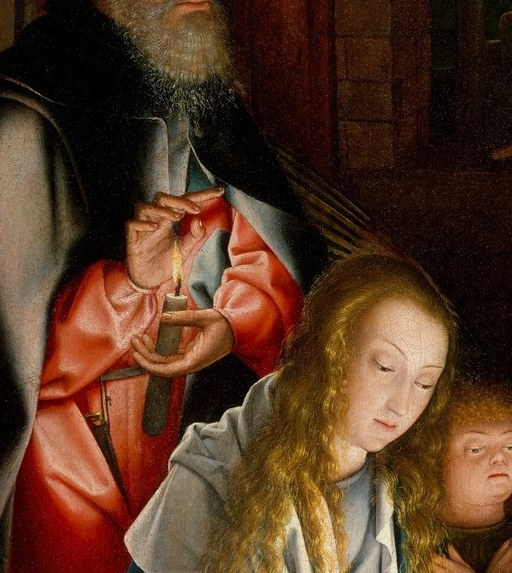 Her expression of hushed tenderness , eyes lowered, face illuminated by reflected divine light , is the painting's most emotionally legible passage and the viewer's primary point of entry