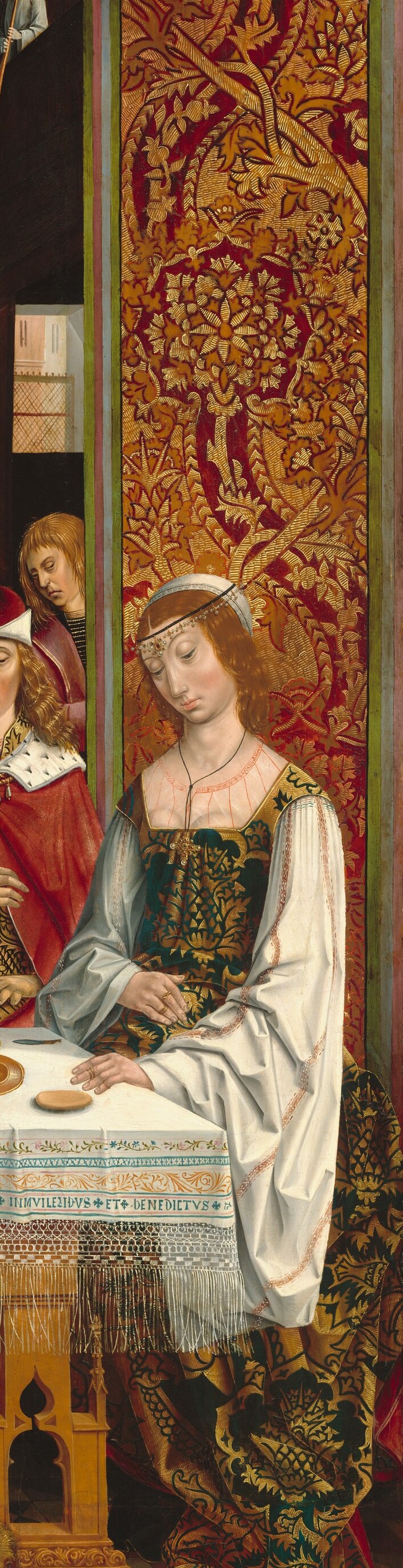 Her richly detailed Spanish late-Gothic costume and towering headdress signal aristocratic status; the costume is a primary document of Catholic Kings-era fashion and gives the scene its courtly register