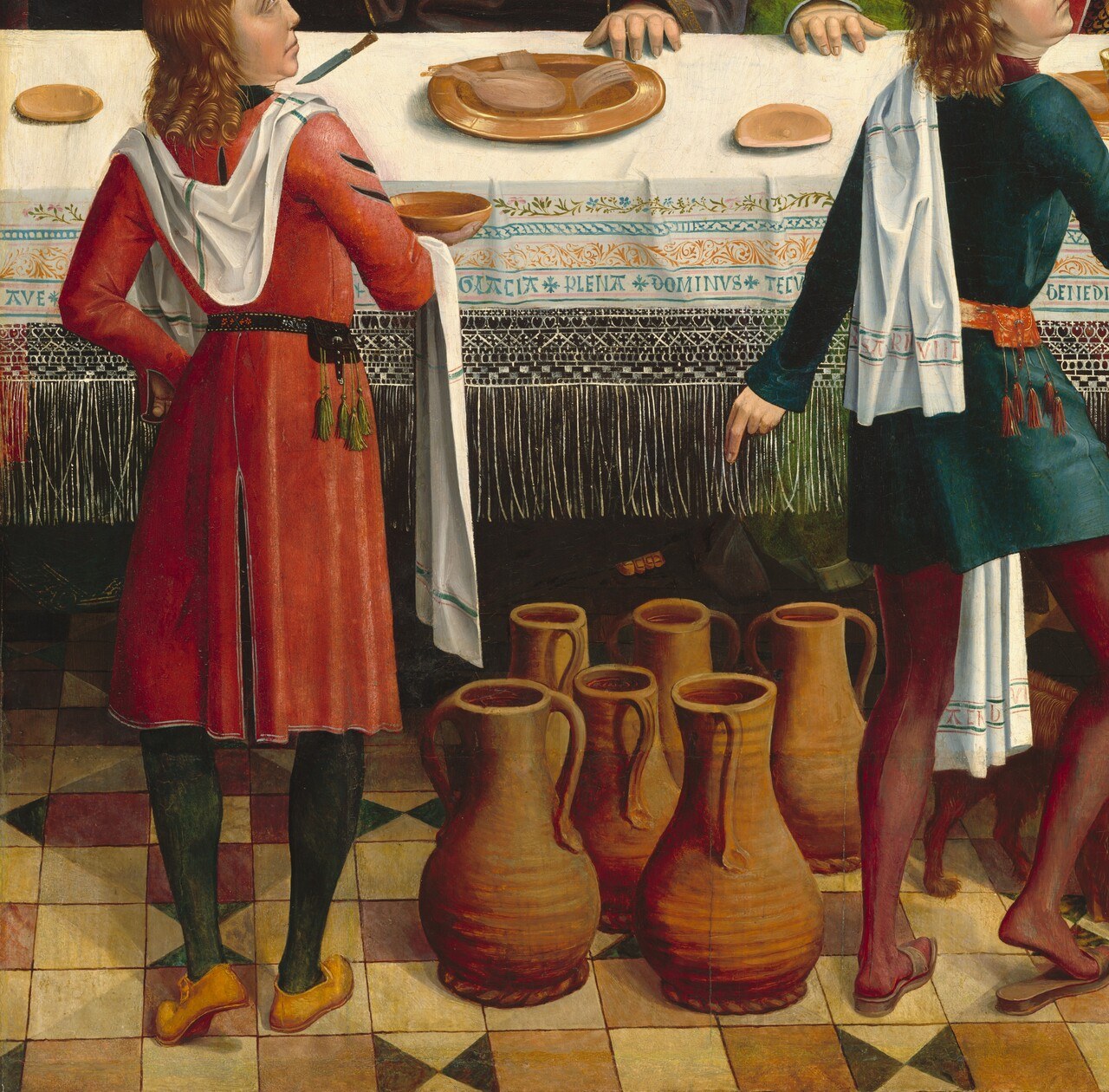 The miracle's literal props , the six stone jars filled with water that Christ turned to wine; their monumental placement in the foreground anchors the entire biblical narrative and would be instantly legible to a 15th-century viewer
