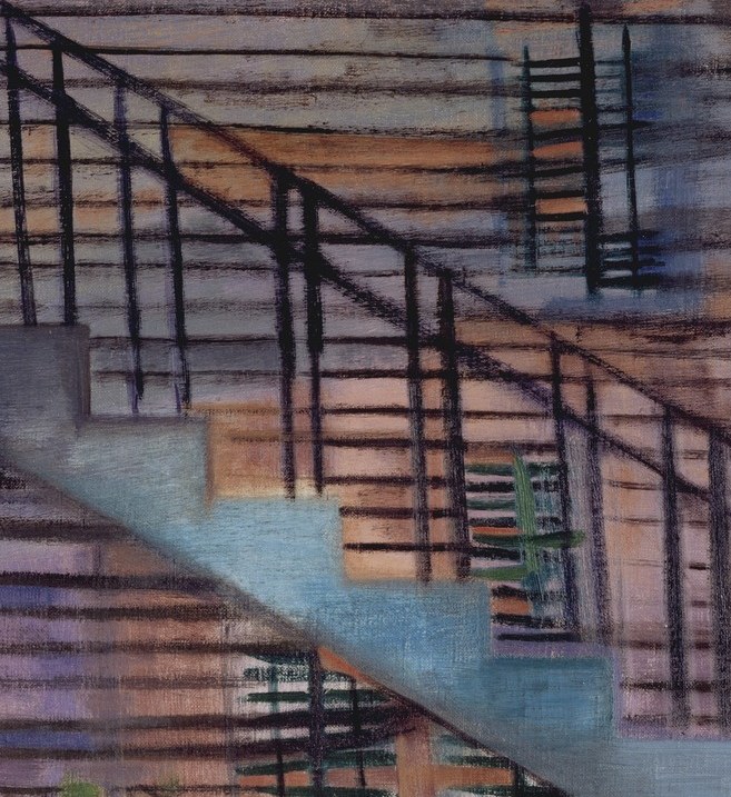 The strong diagonal of the railing draws the eye upwards, suggesting movement and depth within the scene.
