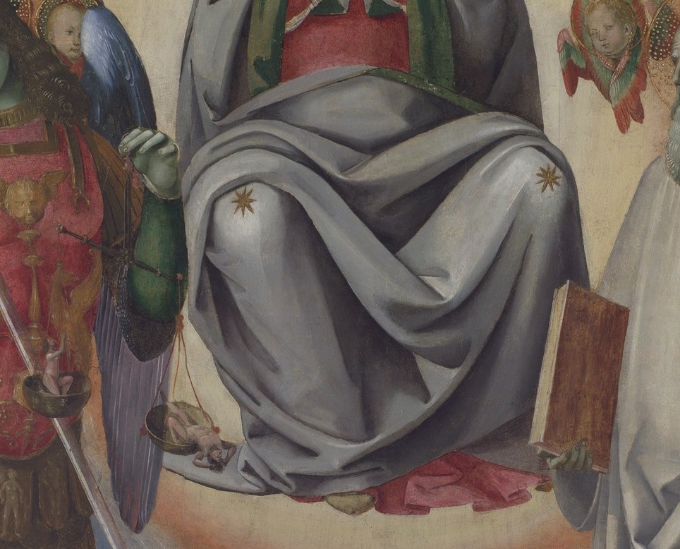 The almond-shaped light encloses the Virgin completely.