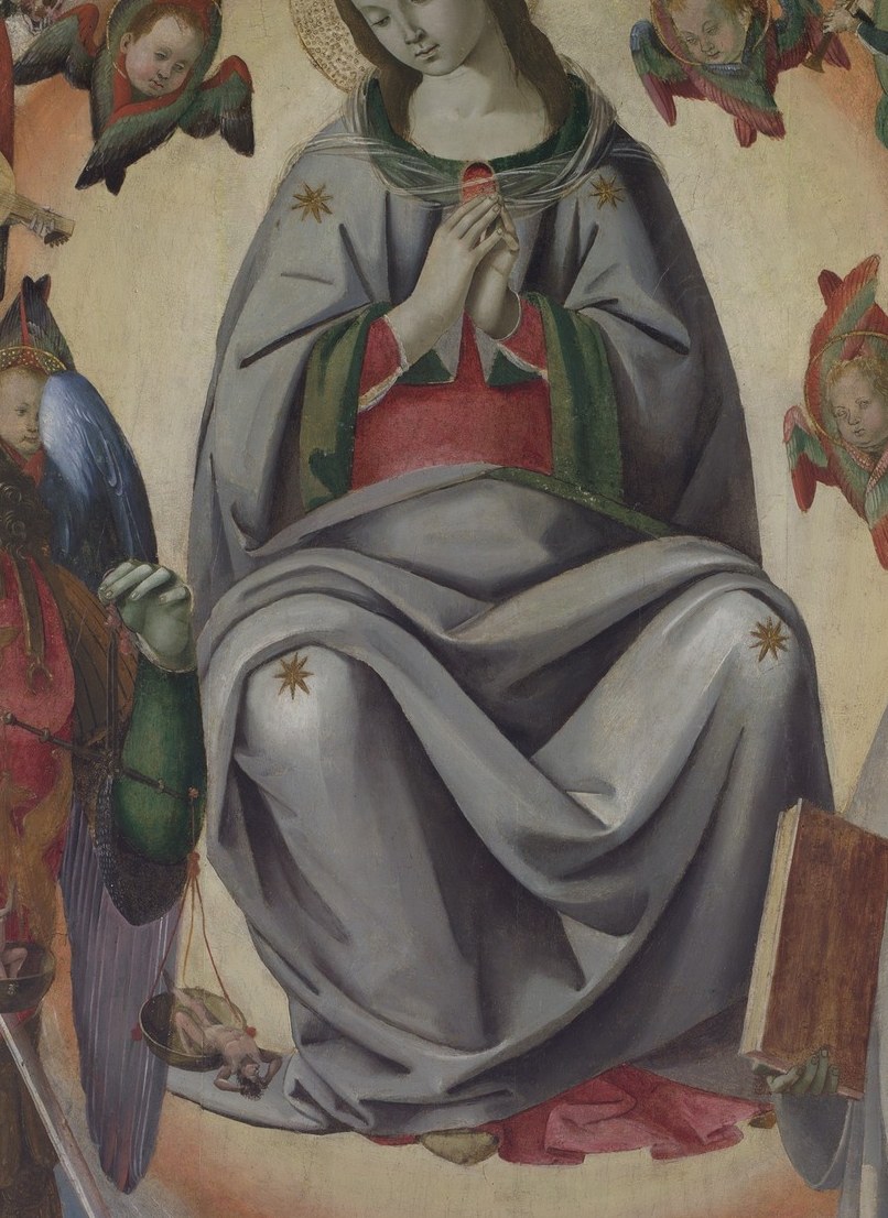 Central theological axis of the composition , her downward gaze and blue-grey mantle against the luminous mandorla create a calm heavenly authority.