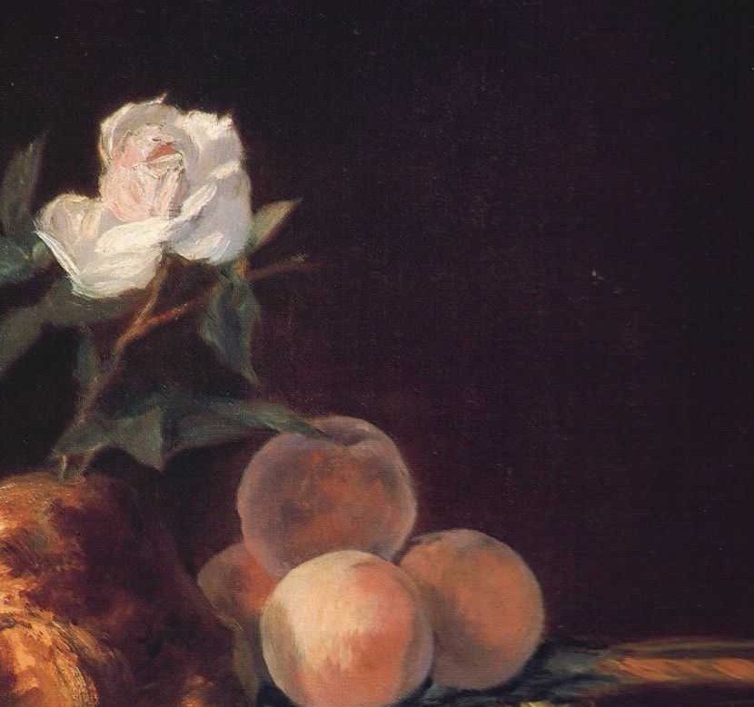 Warm blush-orange against the dark background; Manet uses them to push the eye around the composition and to rhyme the roundness of the brioche at a smaller scale.