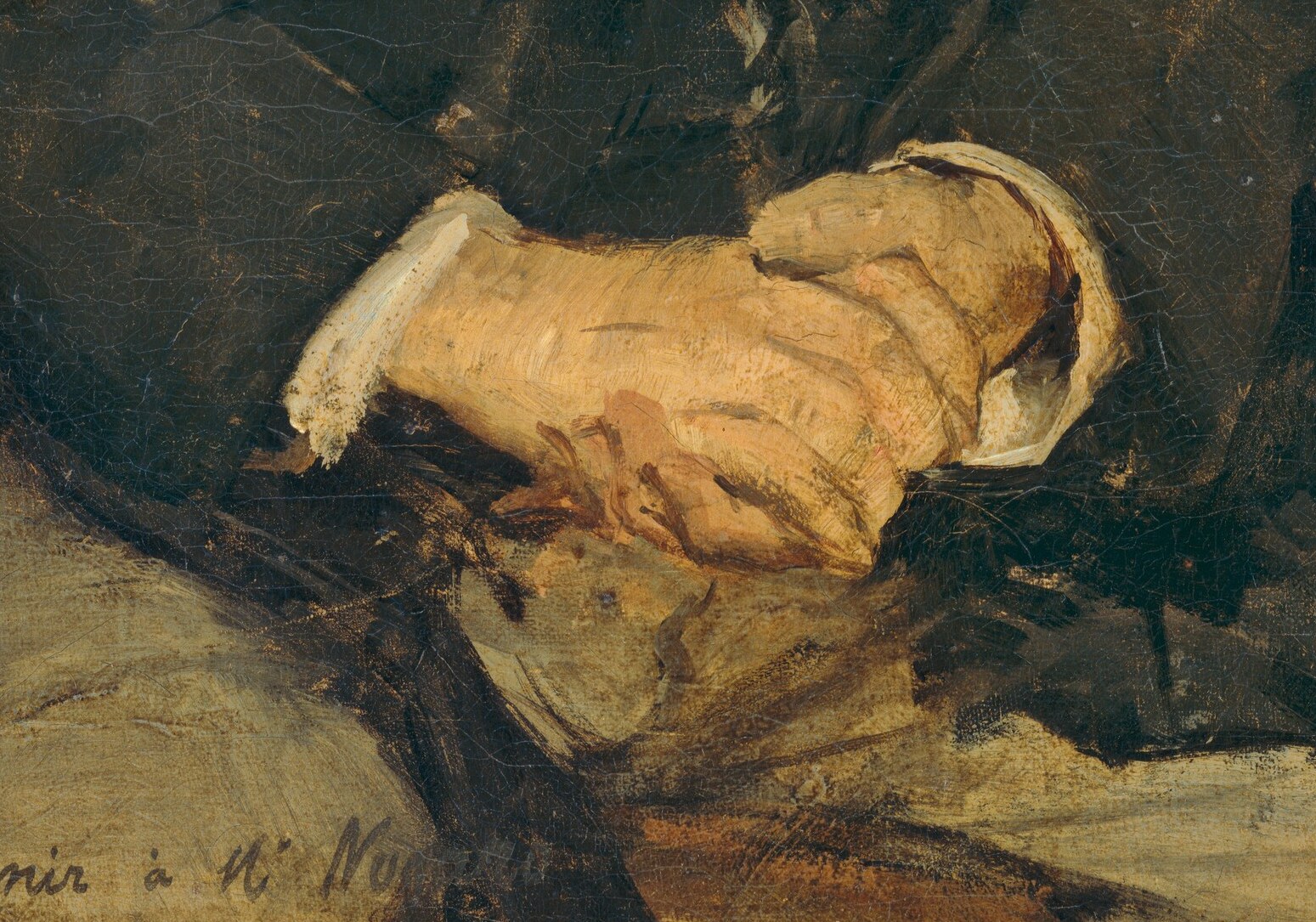 The hands are rendered with the same care as the face , a Naturalist hallmark , and convey composed, bourgeois self-possession.