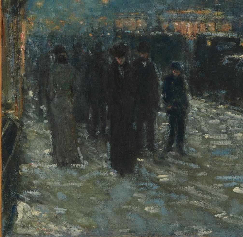 Anonymous urban figures bent against winter cold , their facelessness captures the anonymity of modern city life at the turn of the century