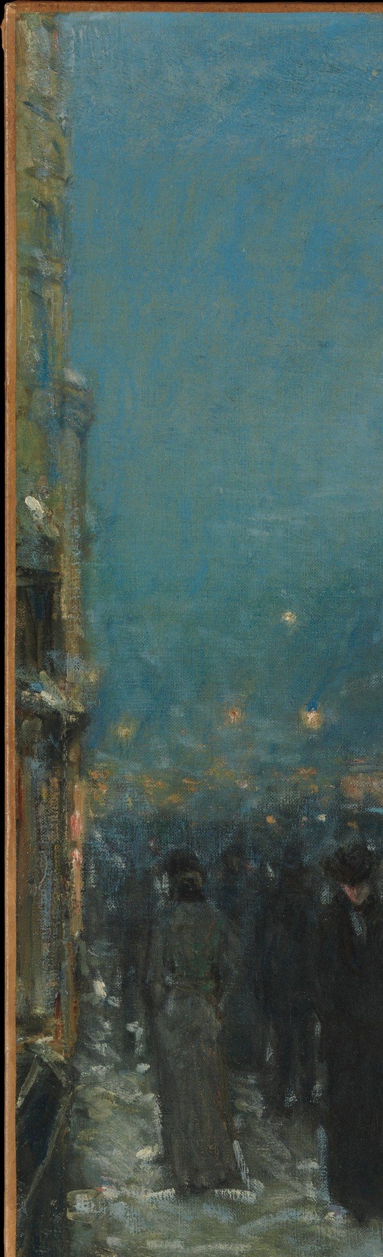 The massive dark mass anchors the composition and frames the street below, evoking the canyon-like character of emerging skyscraper New York
