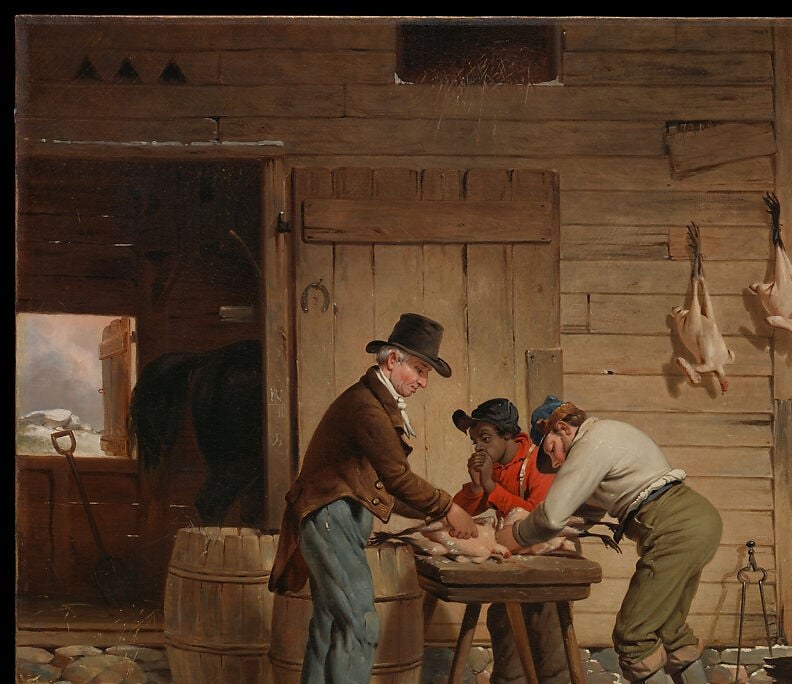 Clapboard construction and worn wood surface place this firmly in rural 19th-century America , a genre painting's sense-of-place anchor.