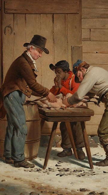 A child stands at the table, learning the work.