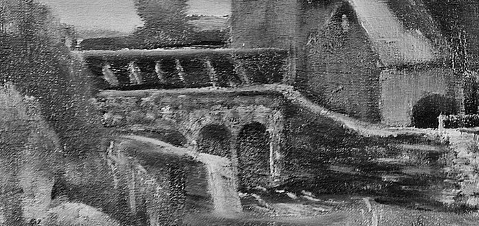 Its weathered stones and arches suggest age and a connection between the factory and its surroundings.