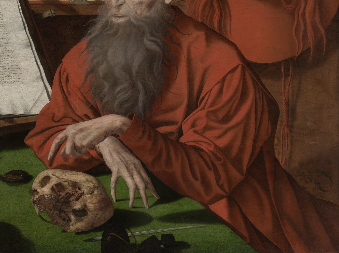 His red robe flows with painted weight.