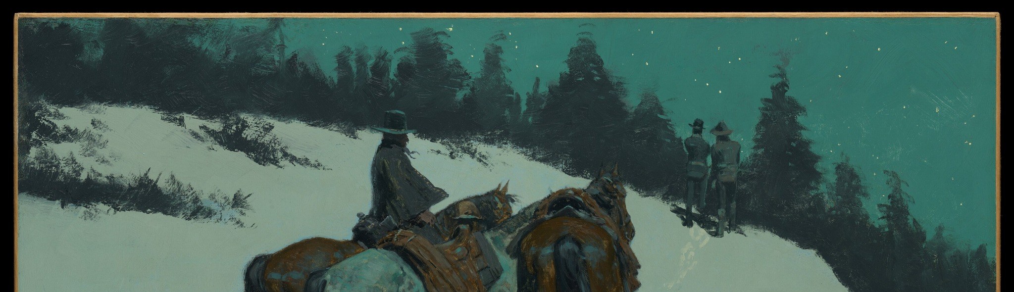 The dark treeline hides whatever he is watching.