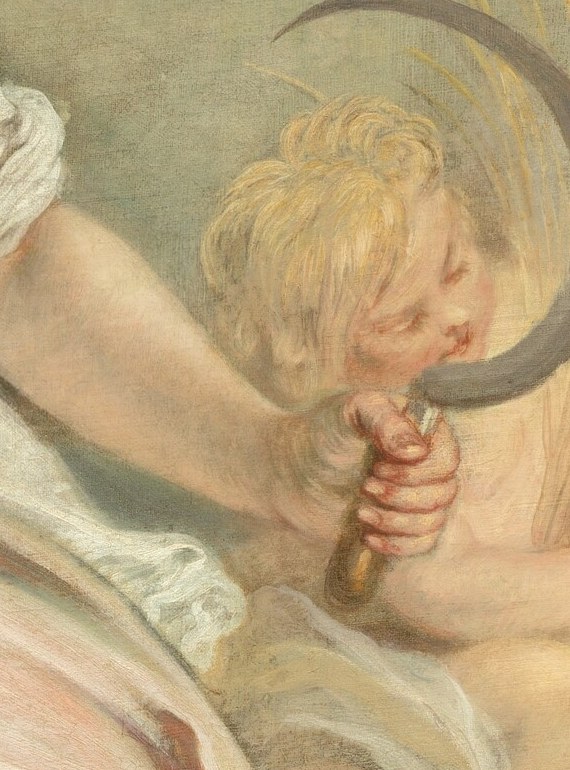 A winged putto holds a mirror behind her.