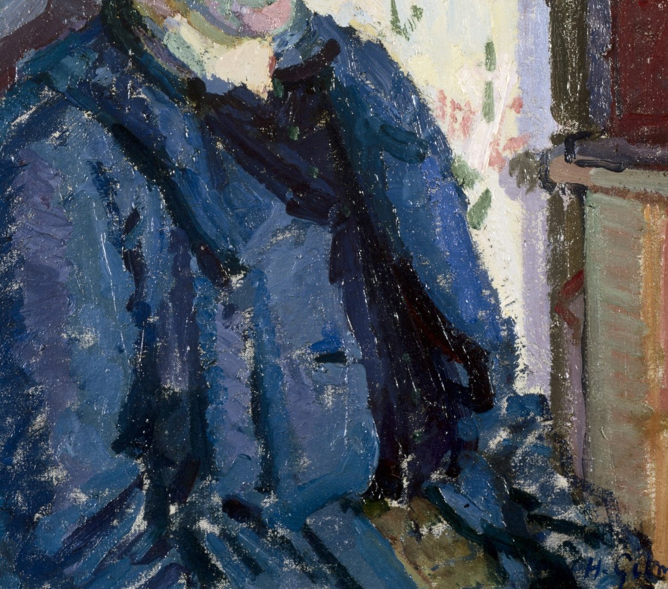 The thick impasto paint gives her coat a real texture.