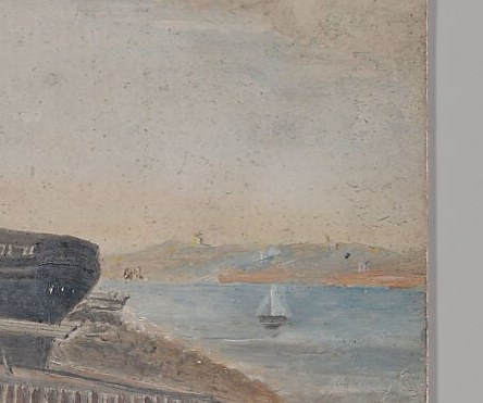 Contextualises the yard within a working waterfront; the contrast between the still hauled-out hull and the active water is the painting's central tension