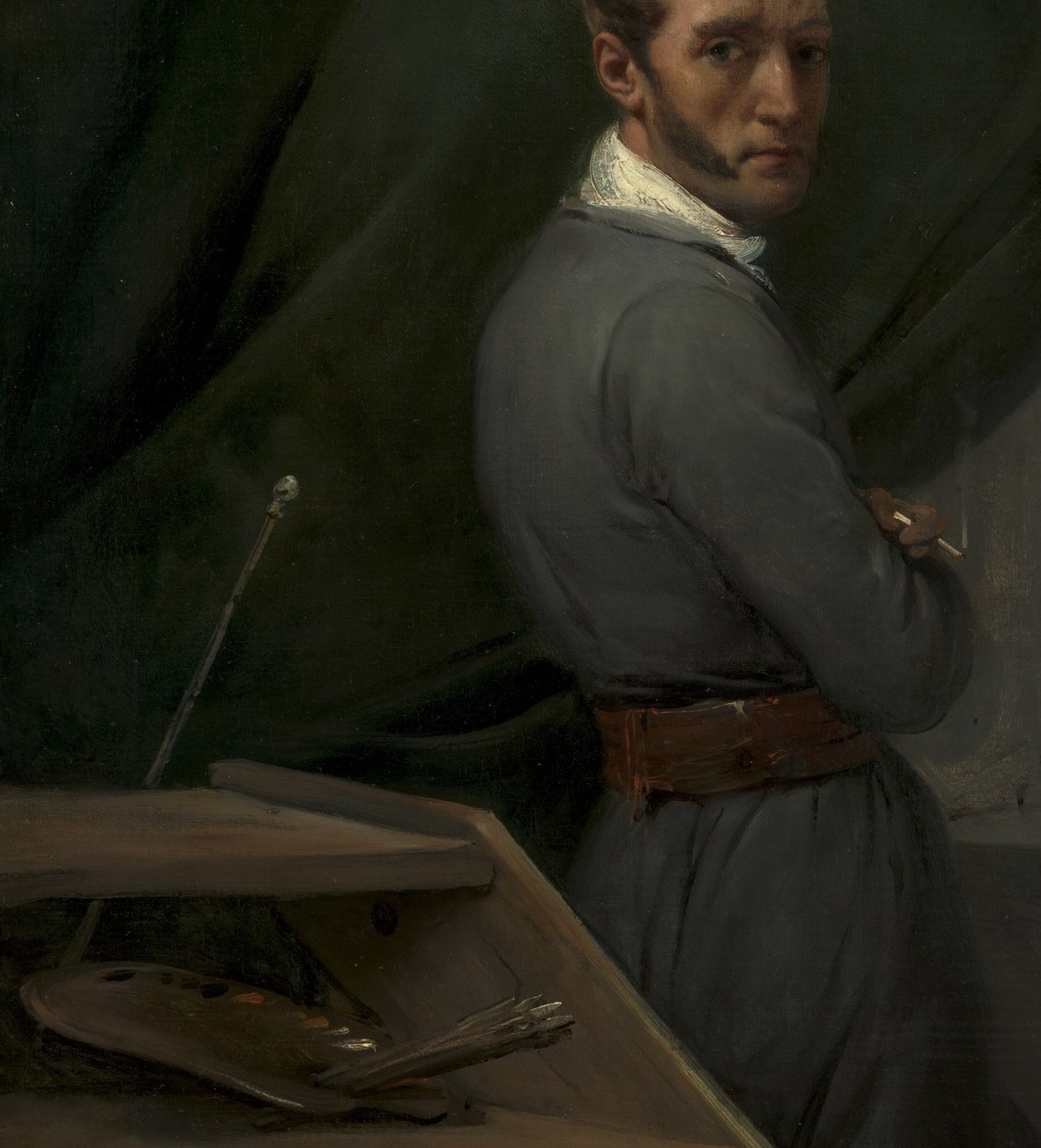 He is Horace Vernet, and he is working.