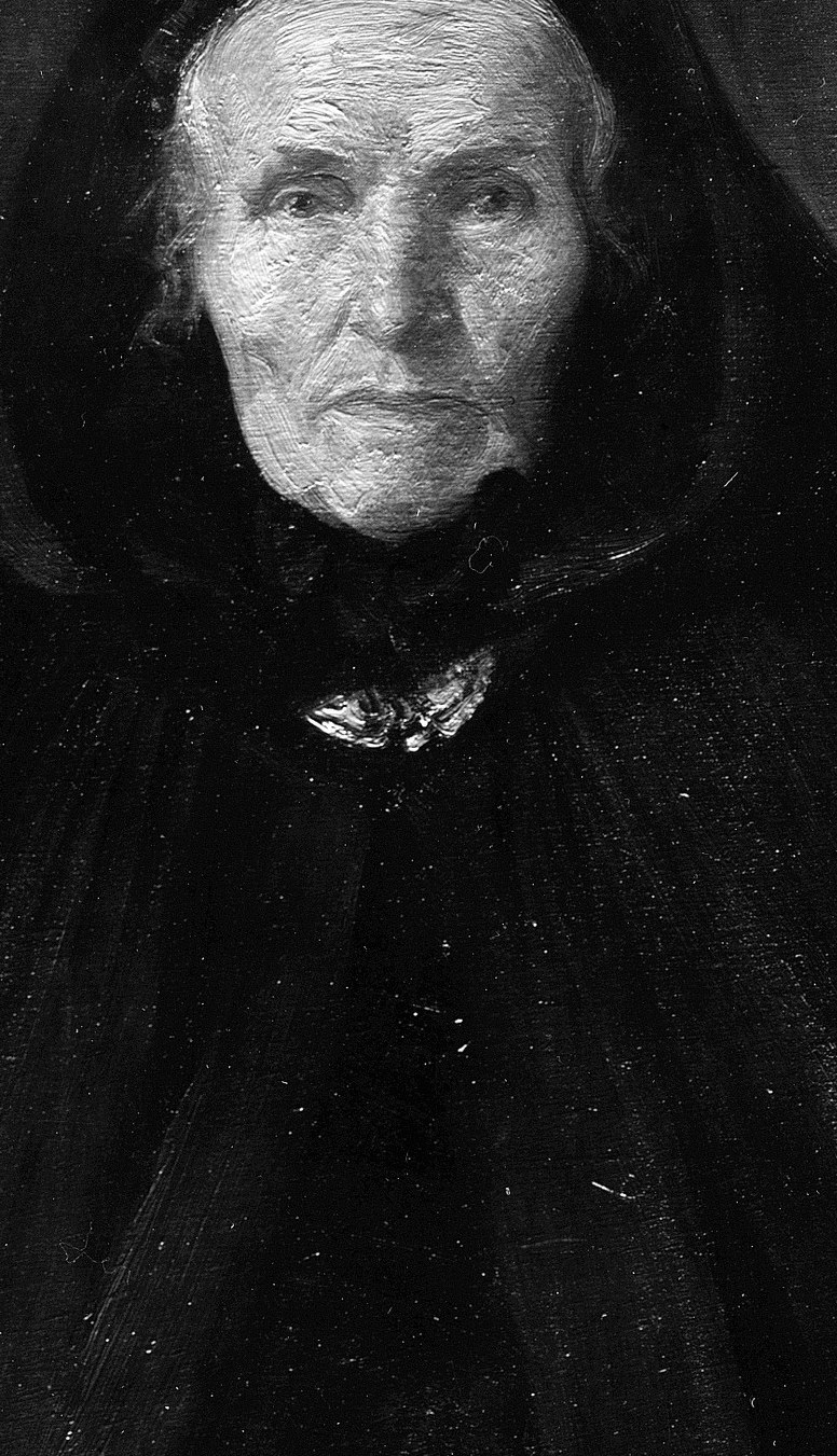 The heavy, dark fabric of her hood and cloak envelops her, creating a somber and introspective mood.