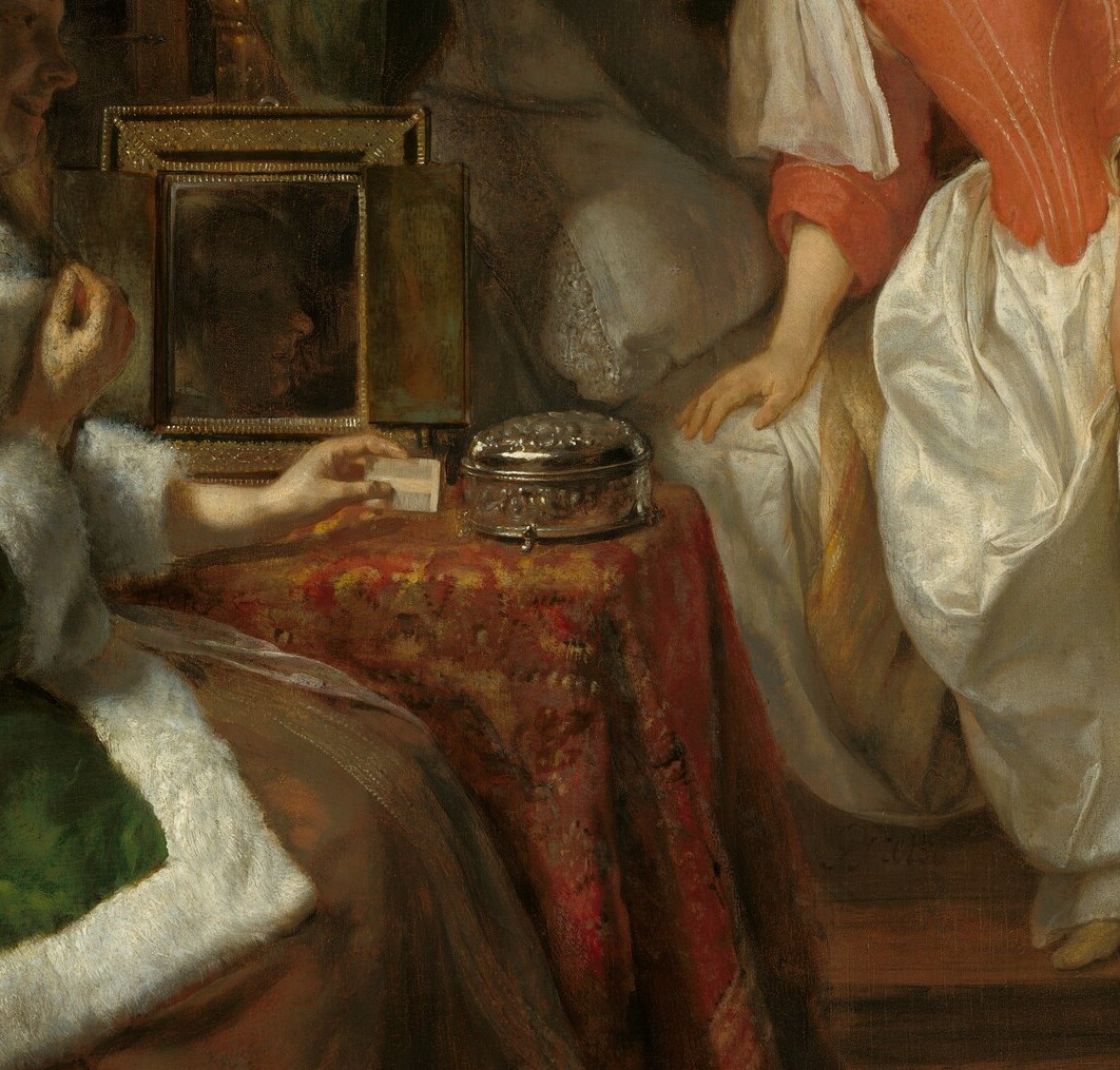 The jewelry box and mirror suggest vanity and seduction.